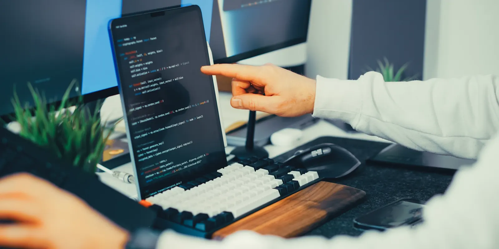 Entwickler besprechen Programmcode an einem Arbeitsplatz mit mehreren Bildschirmen