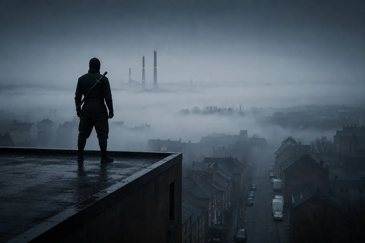 Ninja-Silhouette auf einem Industriedach in Dorsten, dichter Morgennebel liegt über den Ruhrgebiet-Straßen, Schornsteine im Hintergrund.