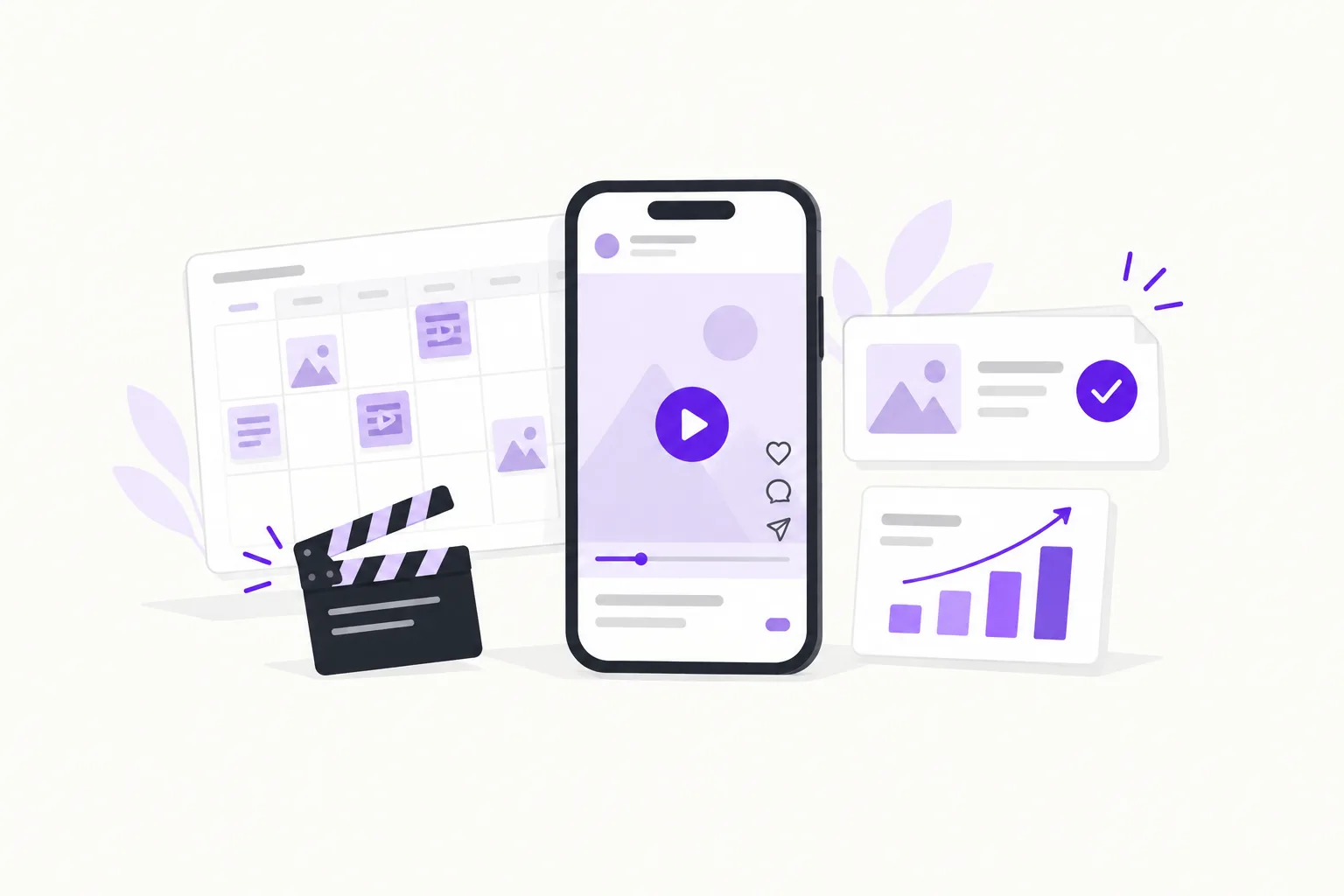 Social Media Agentur Dorsten: Smartphone mit Reel, Monatsplan zur Freigabe und Auswertung